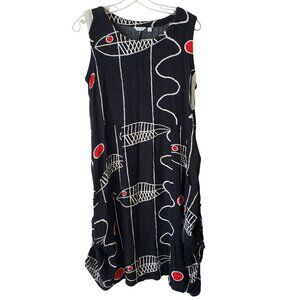 Kaktus Black White Red Fish Print Lagenlook Midi Dress S Boho Artsy Art Teacher